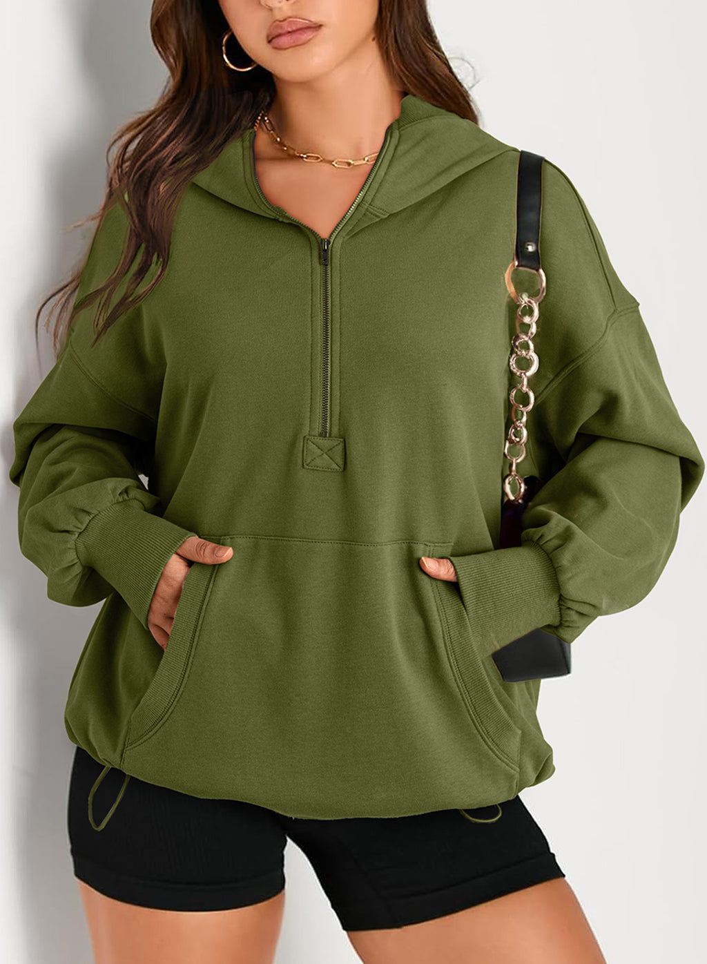 Half Zip Oversized Hoodie With Pockets - ArmyGreen