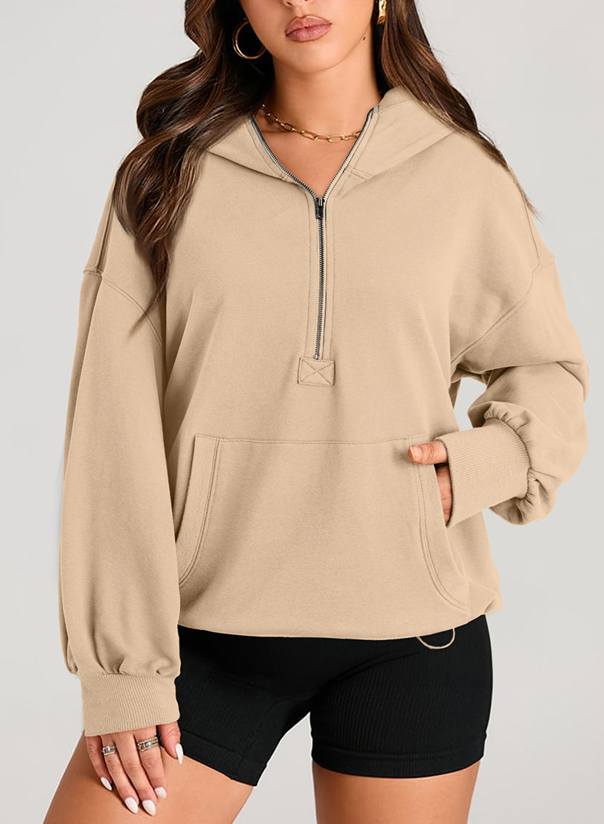 Half Zip Oversized Hoodie With Pockets - Beige