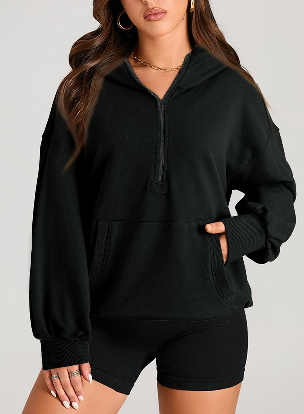 Half Zip Oversized Hoodie With Pockets - Black