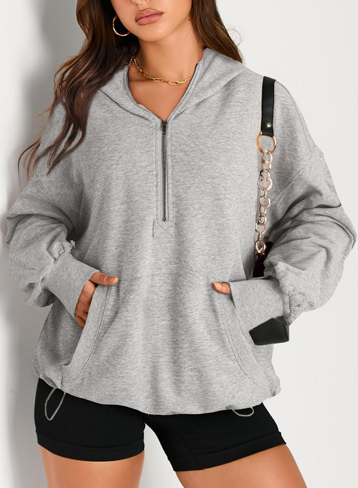 Half Zip Oversized Hoodie With Pockets - Gray