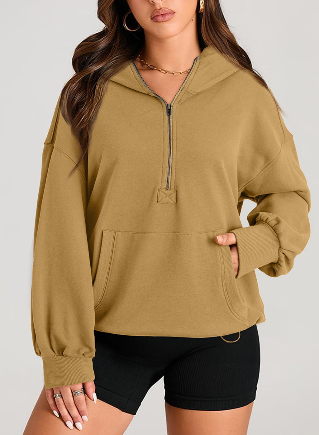 Half Zip Oversized Hoodie With Pockets - Khaki