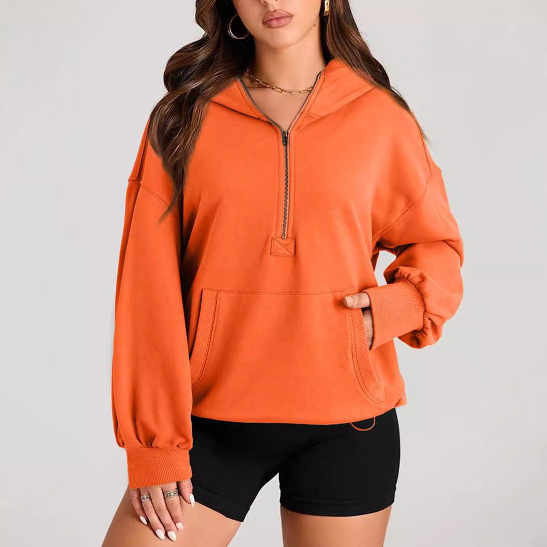 Half Zip Oversized Hoodie With Pockets - Orange