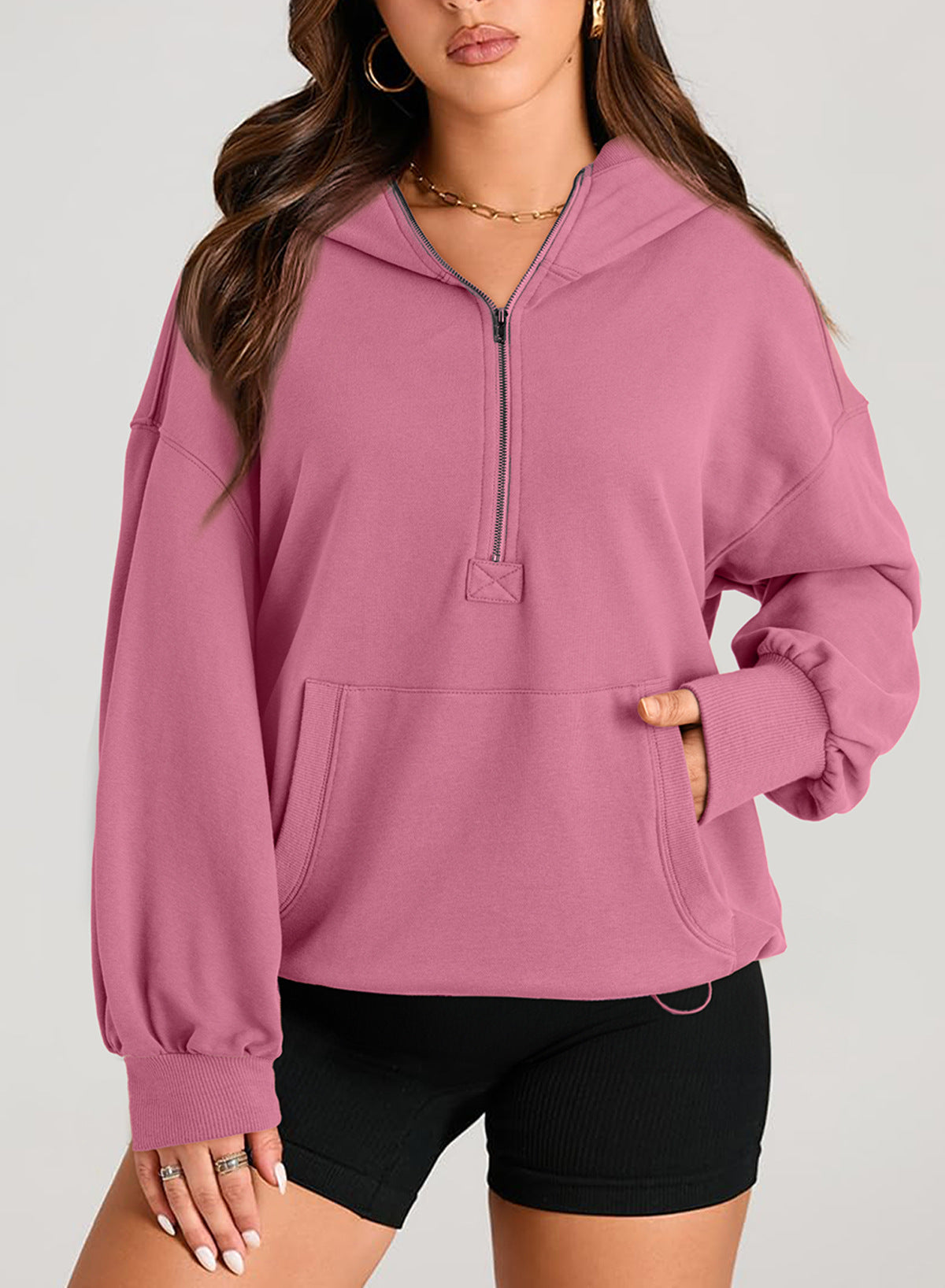 Half Zip Oversized Hoodie With Pockets - Purple