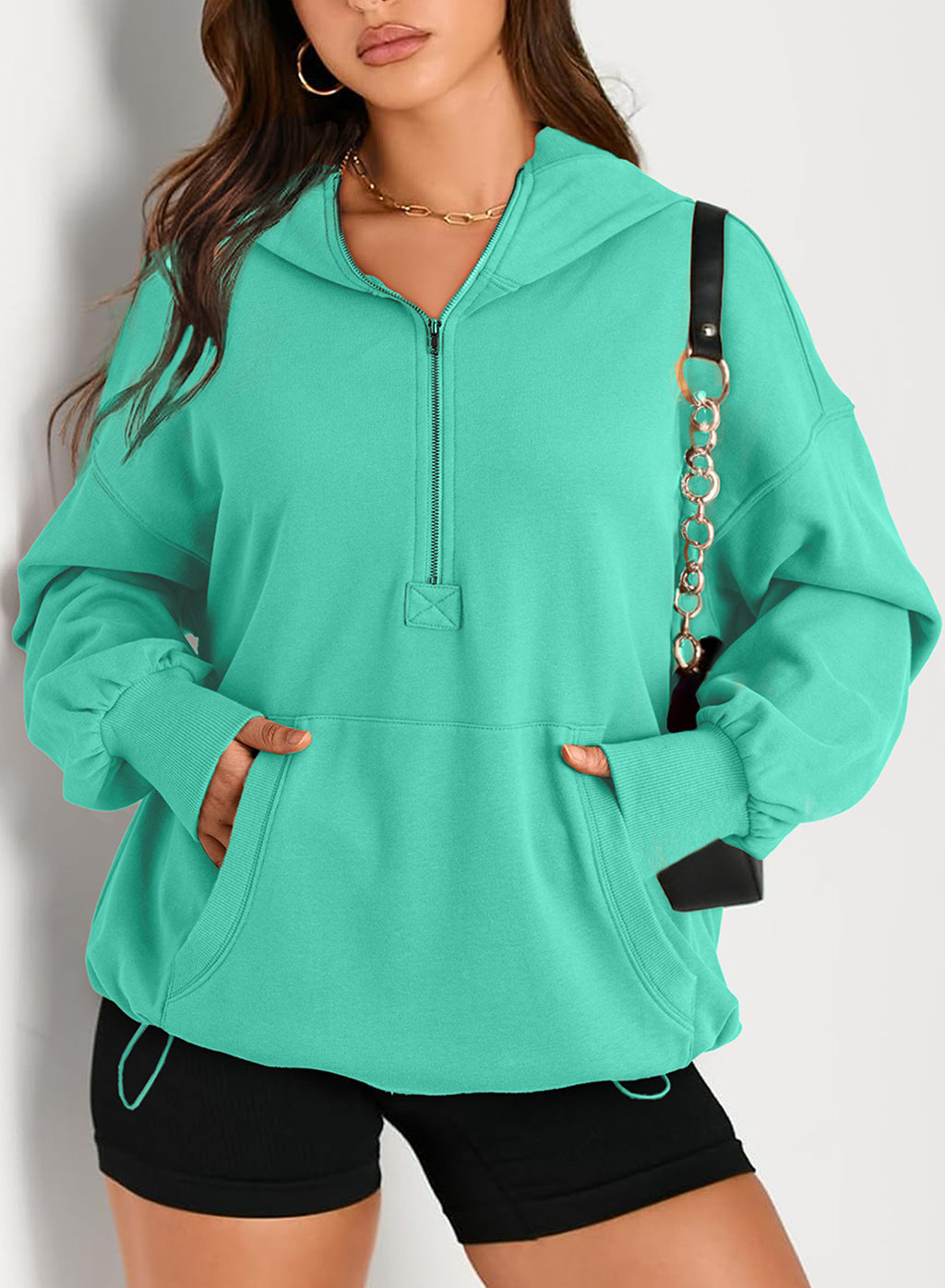 Half Zip Oversized Hoodie With Pockets - Turquoise