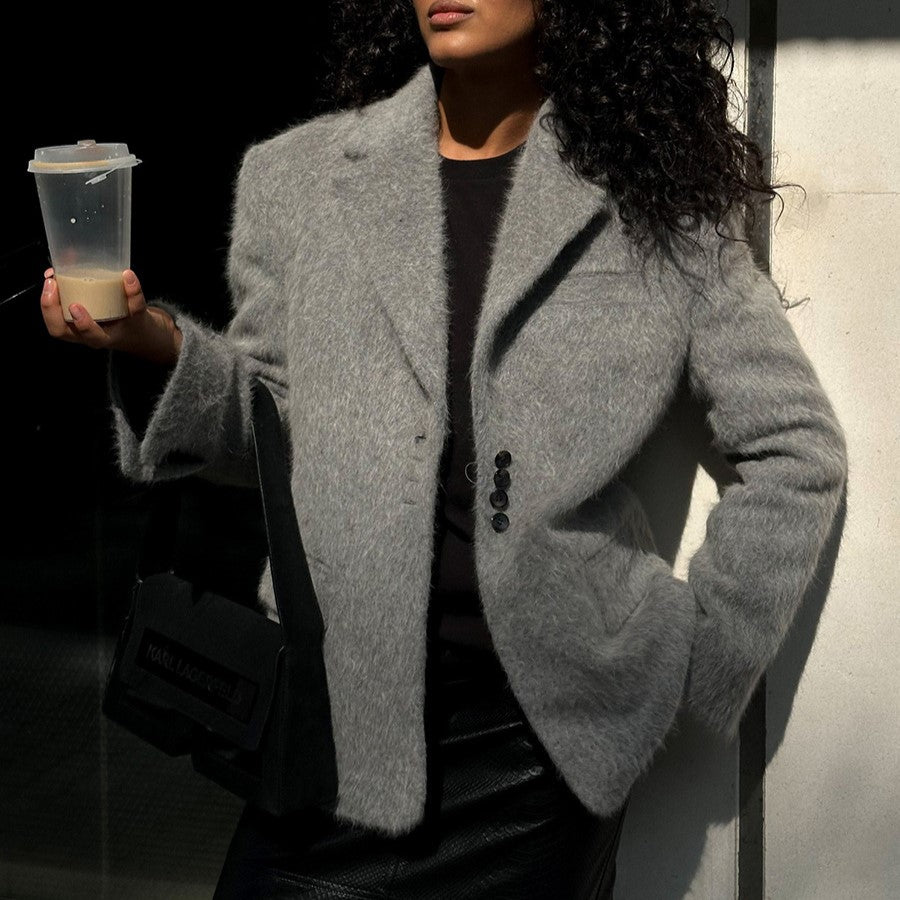 Brushed Plush Notch Lapel Oversized Blazer - Grey