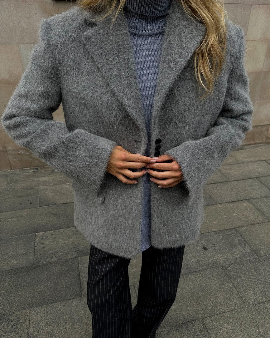 Brushed Plush Notch Lapel Oversized Blazer - Grey - 1