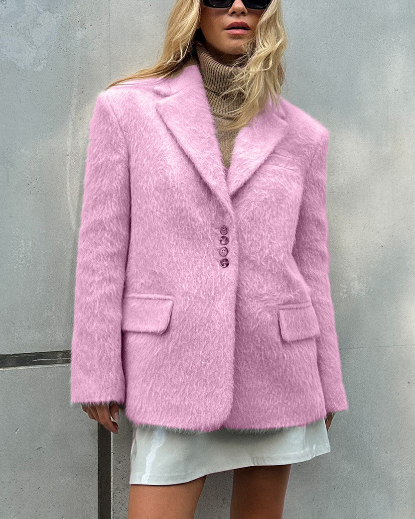 Brushed Plush Notch Lapel Oversized Blazer - Pink