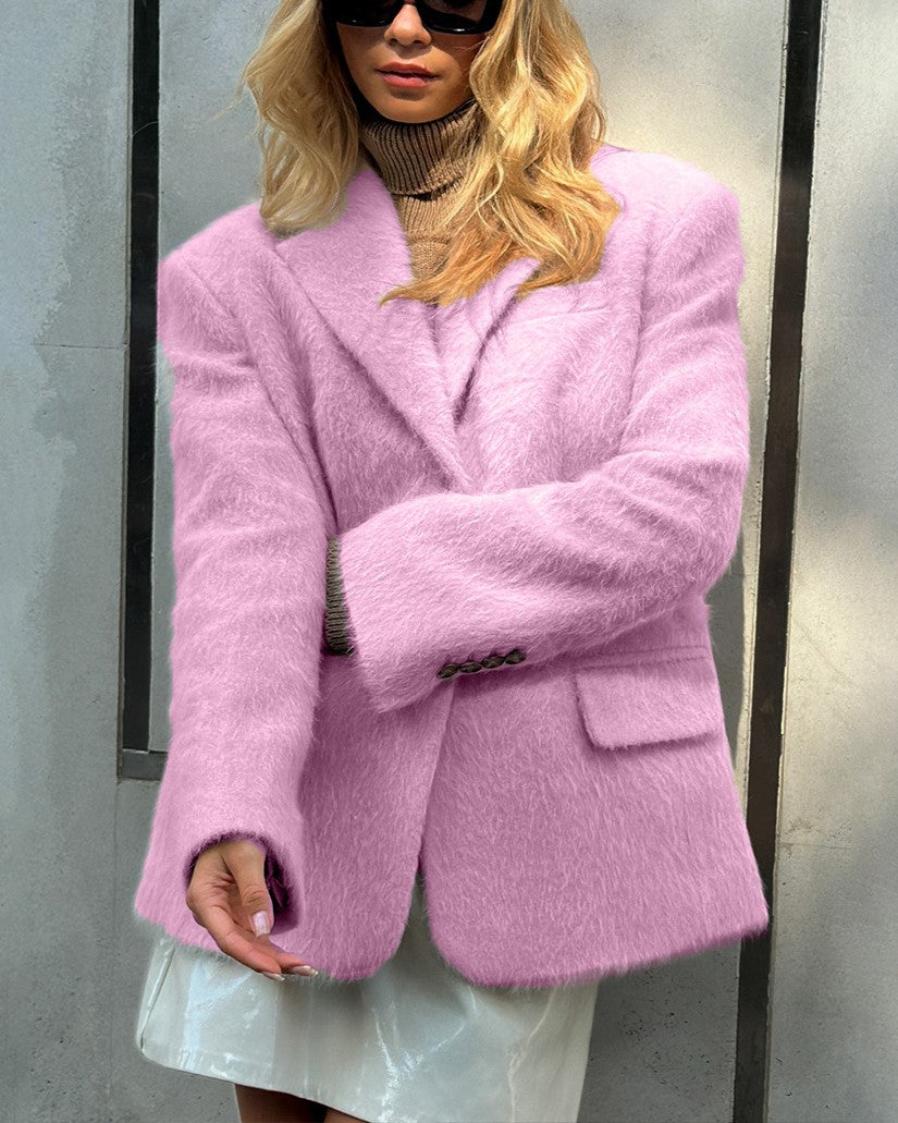 Brushed Plush Notch Lapel Oversized Blazer - Pink - 1