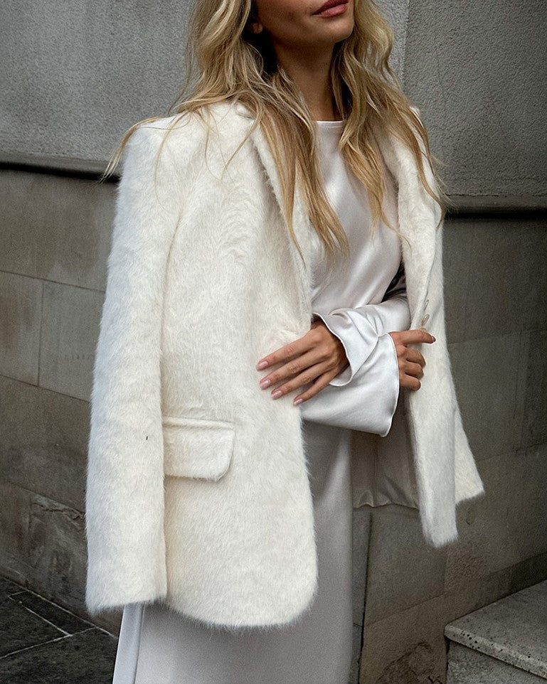Brushed Plush Notch Lapel Oversized Blazer - White