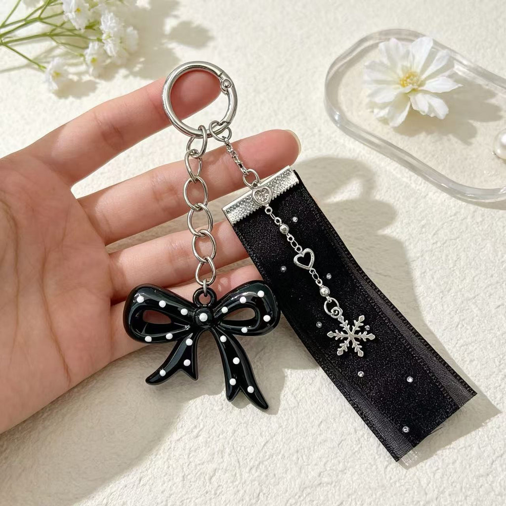 Snowflake Charm Keychain With Dotted Bow - Black - 1