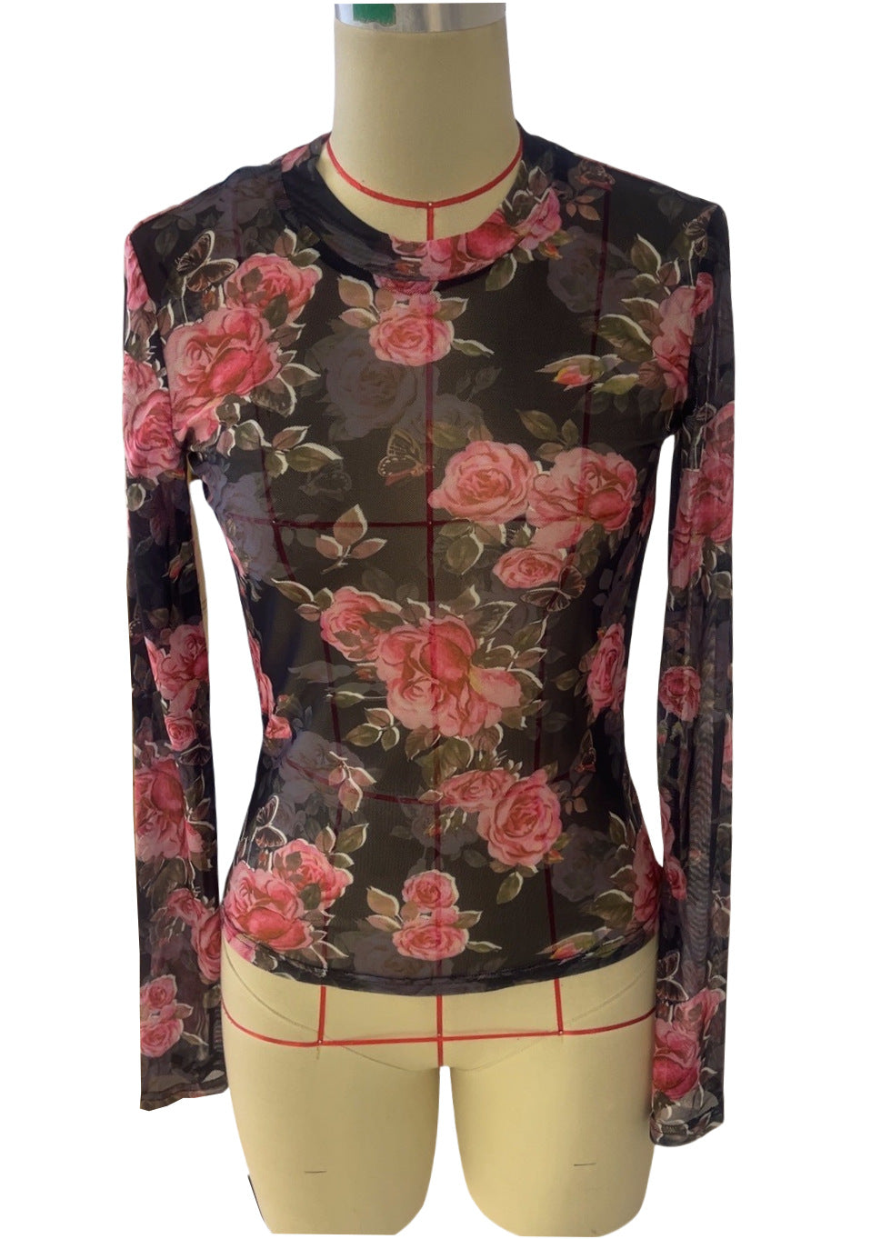 Rose Print Sheer Mesh Mock Neck Blouse - black - 1