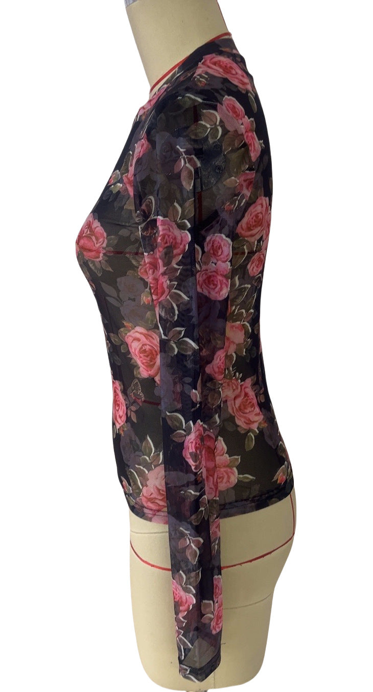 Rose Print Sheer Mesh Mock Neck Blouse - black - 2