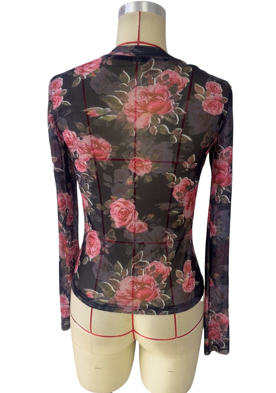 Rose Print Sheer Mesh Mock Neck Blouse - black - 3