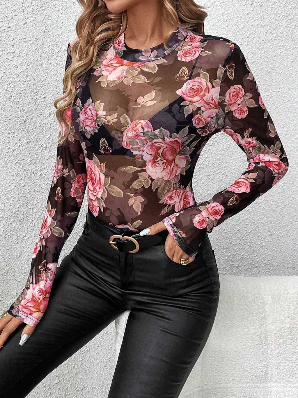 Rose Print Sheer Mesh Mock Neck Blouse - black - 4