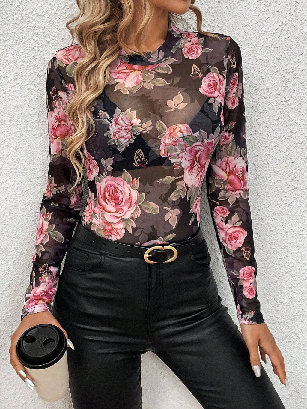 Rose Print Sheer Mesh Mock Neck Blouse - black - 6