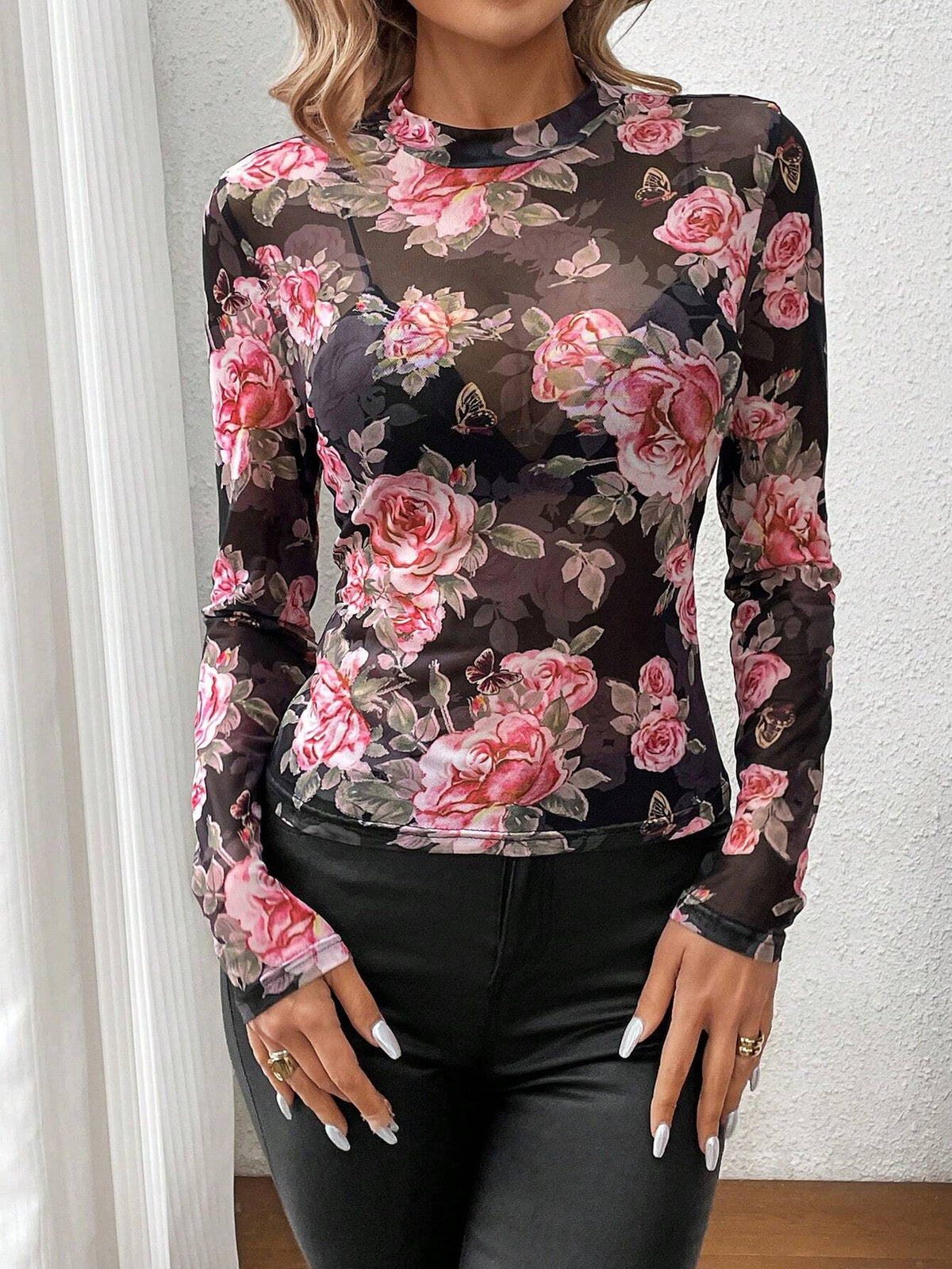 Rose Print Sheer Mesh Mock Neck Blouse - black - 8