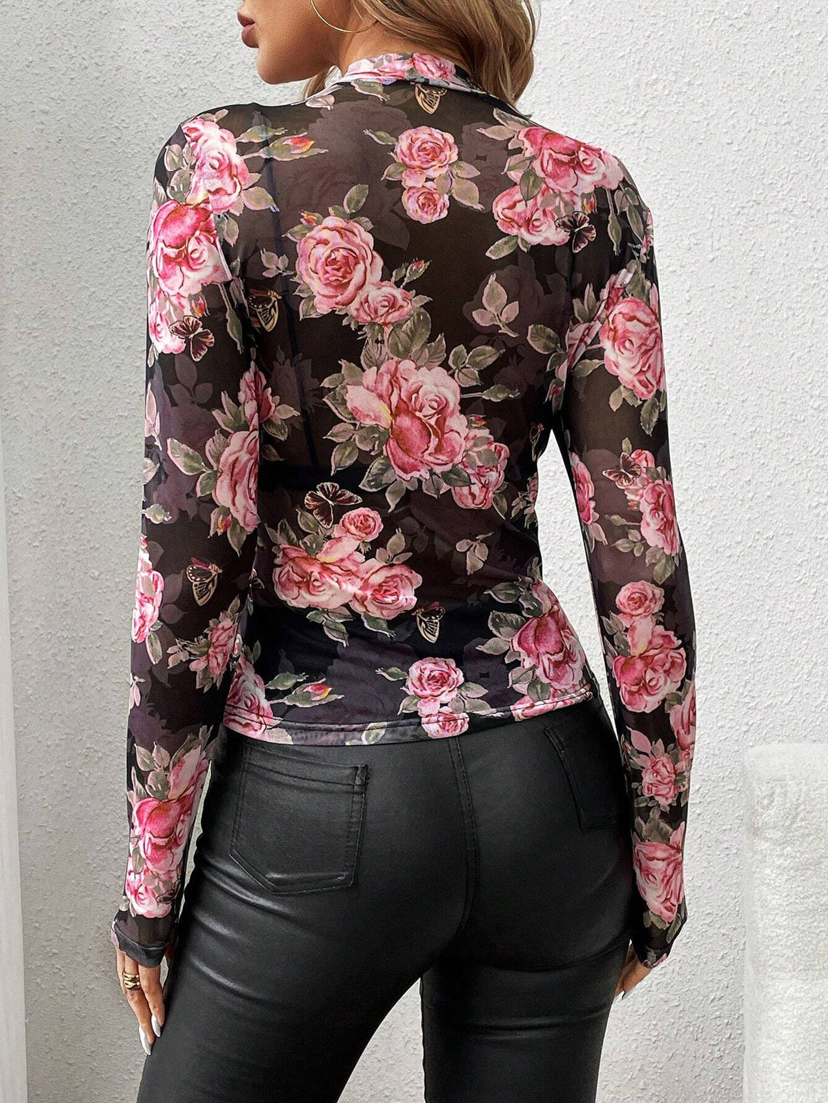 Rose Print Sheer Mesh Mock Neck Blouse - black - 9