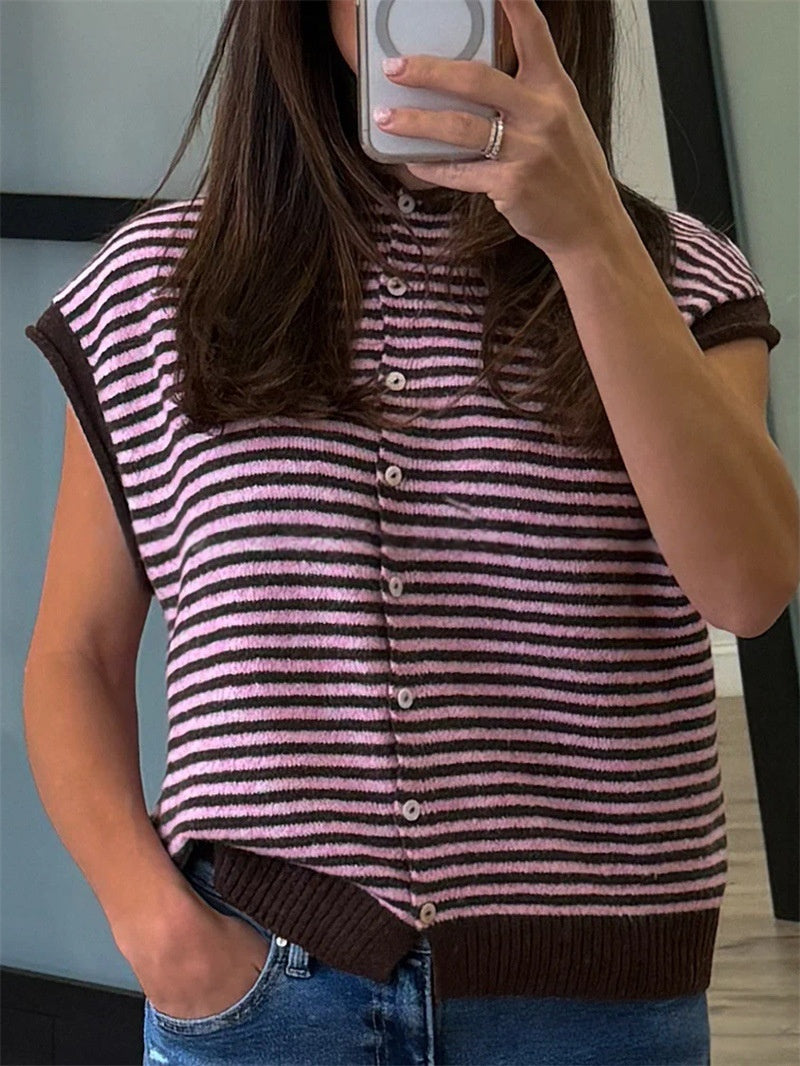 Striped Button Front Cap Sleeve Knit Top - CoffeePink