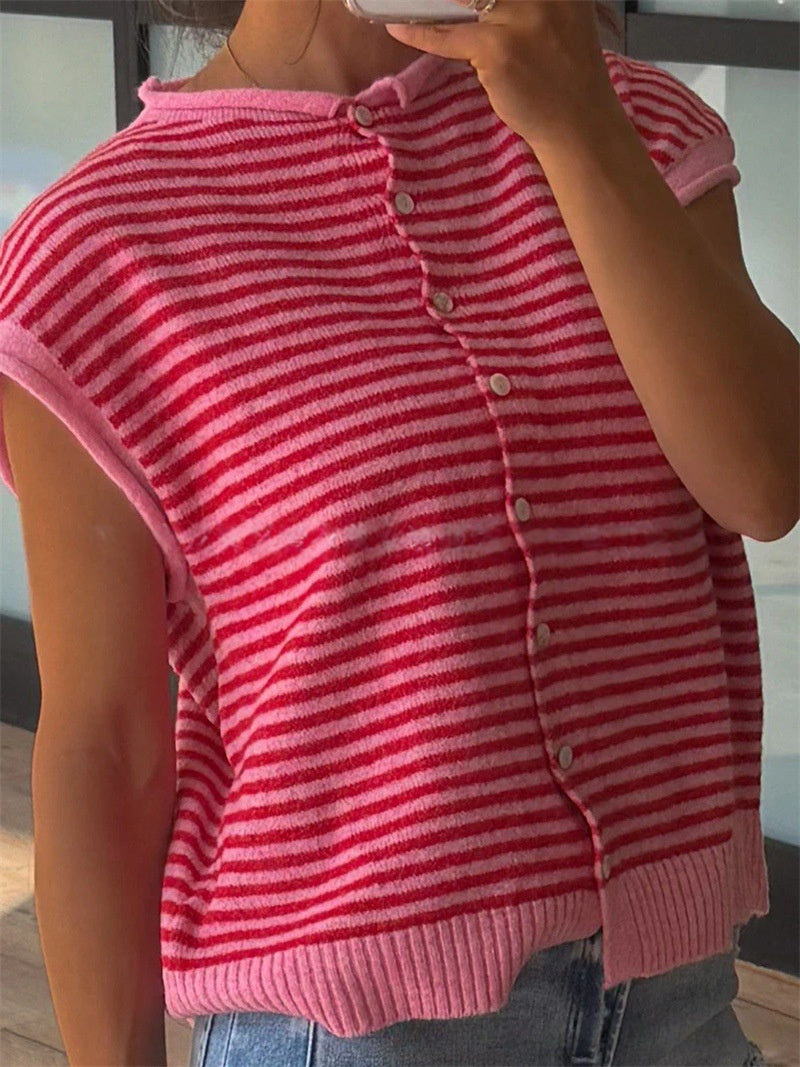 Striped Button Front Cap Sleeve Knit Top - Fuchsia