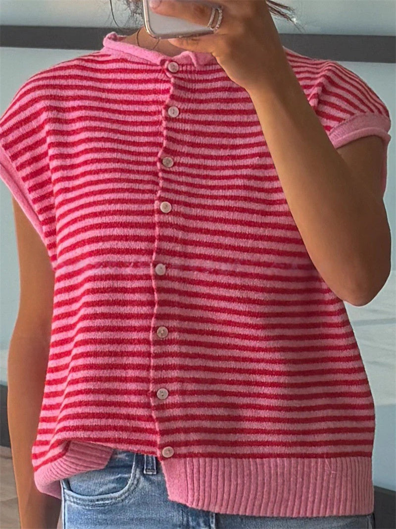 Striped Button Front Cap Sleeve Knit Top - Fuchsia - 1
