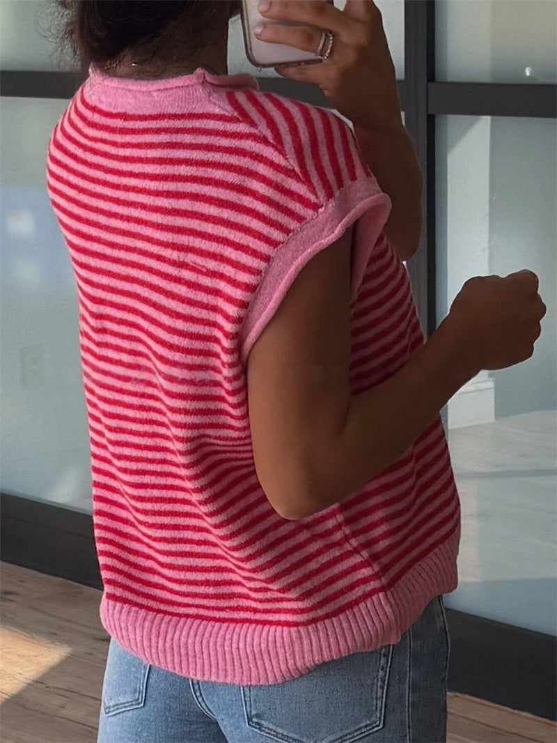 Striped Button Front Cap Sleeve Knit Top - Fuchsia - 2