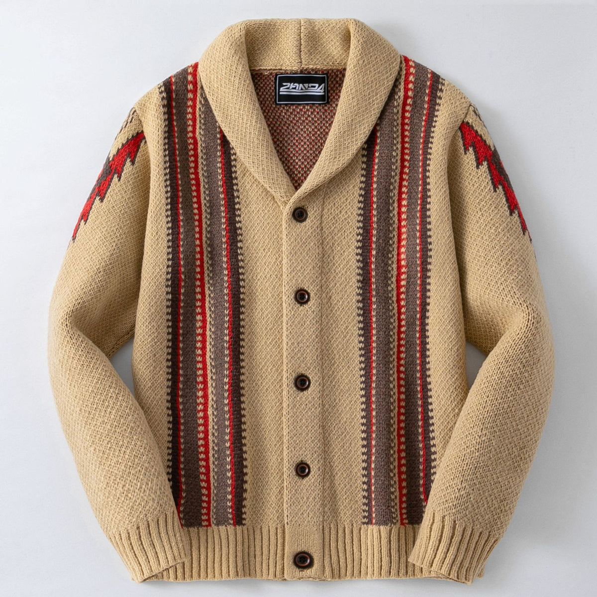 Aztec Diamond Stripe Shawl Collar Knit Cardigan - Khaki