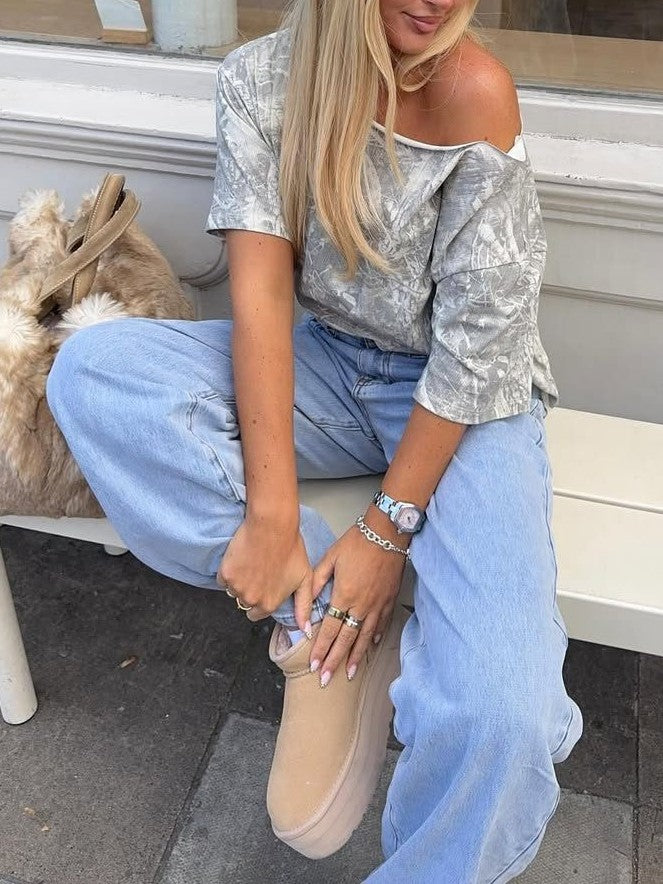Marbled Camo Print Off-Shoulder Tee - Grey - 1