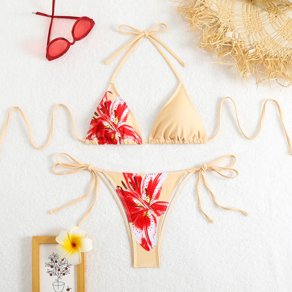 Floral Panel Tie Side Triangle Bikini Set - Beige