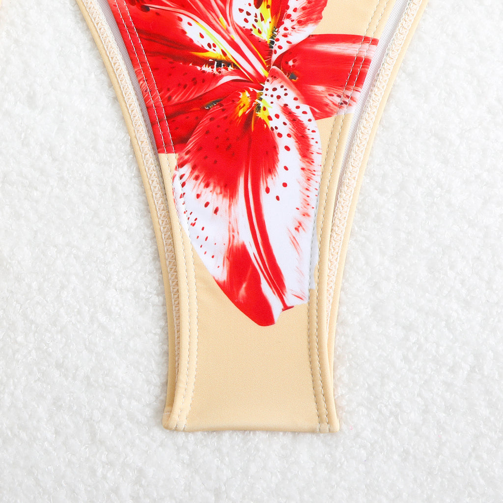 Floral Panel Tie Side Triangle Bikini Set - Beige - 3
