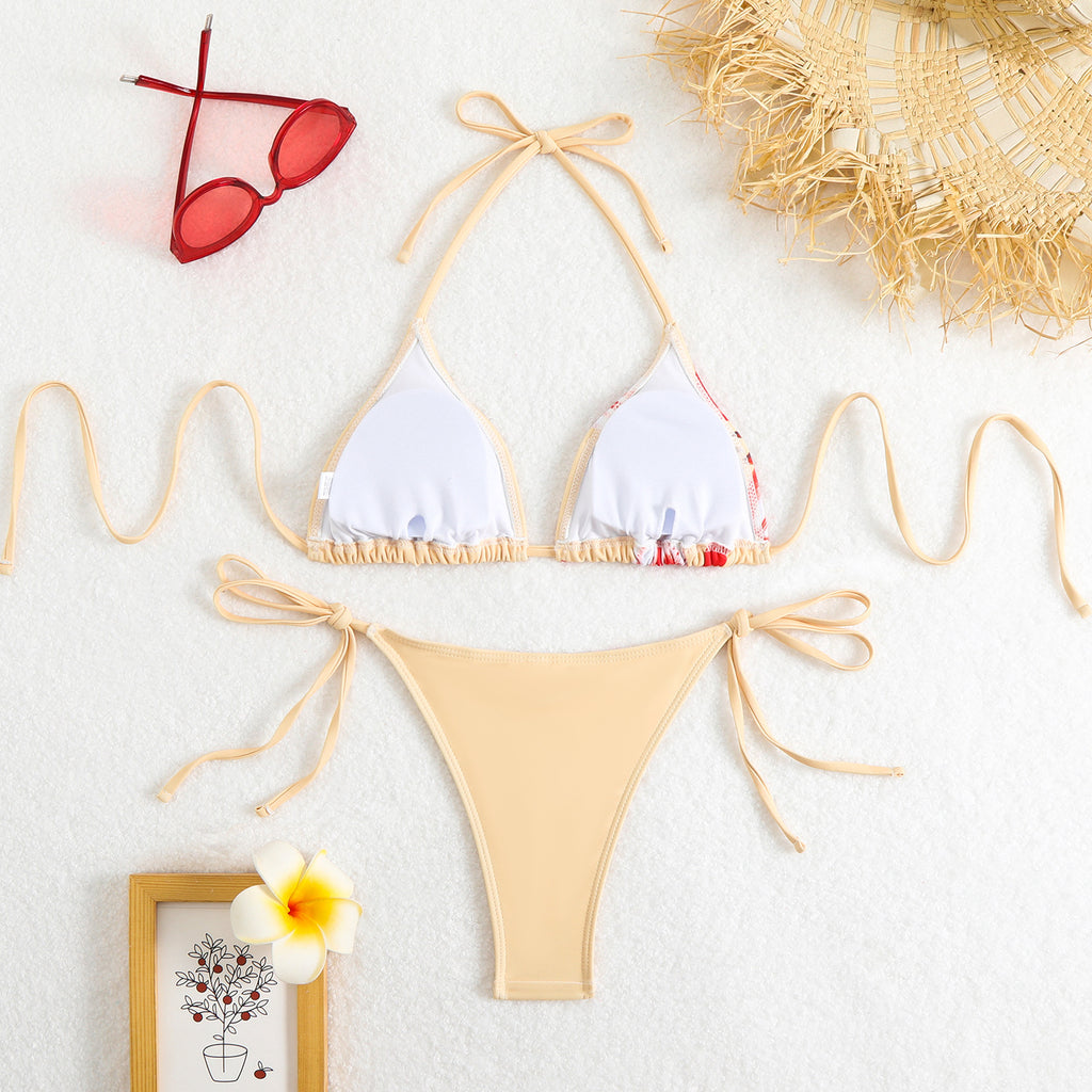 Floral Panel Tie Side Triangle Bikini Set - Beige - 4