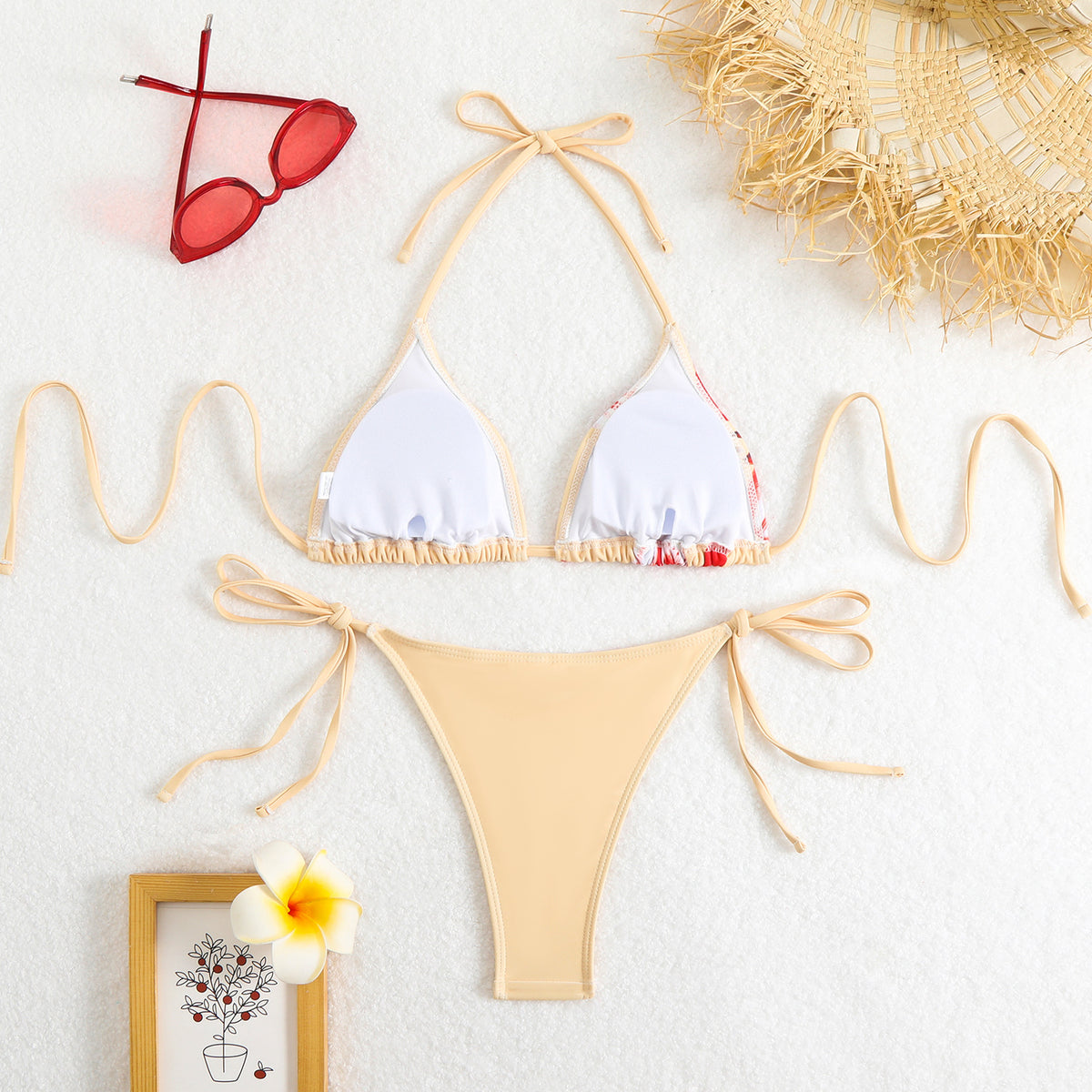Floral Panel Tie Side Triangle Bikini Set - Beige - 4