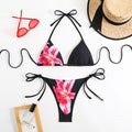 Floral Panel Tie Side Triangle Bikini Set - Black