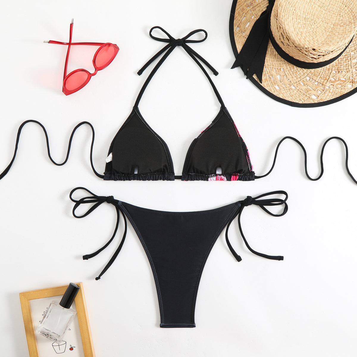 Floral Panel Tie Side Triangle Bikini Set - Black - 1