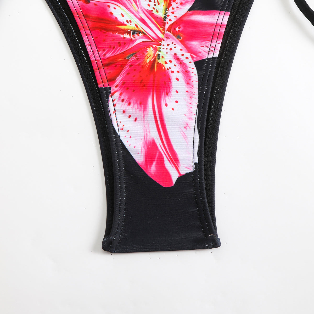 Floral Panel Tie Side Triangle Bikini Set - Black - 3