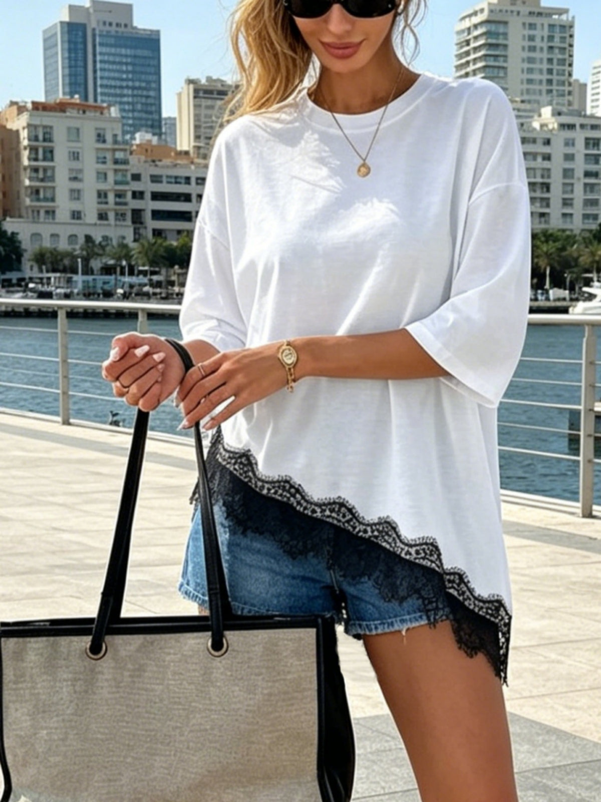 Eyelash Lace Hem Oversized Half Sleeve Tee - BWhite - 2
