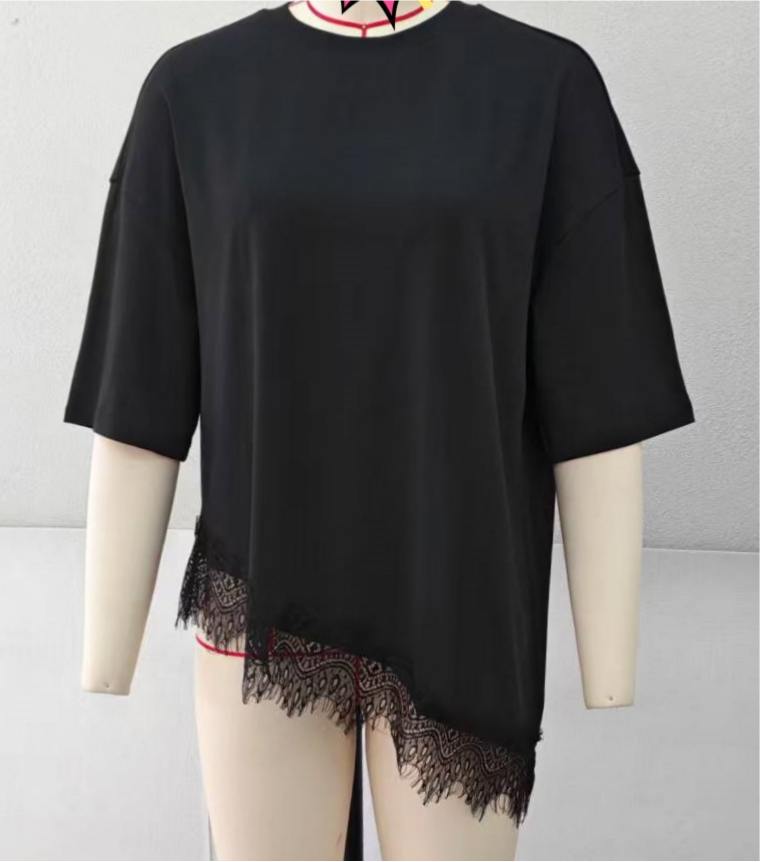 Eyelash Lace Hem Oversized Half Sleeve Tee - Black