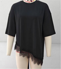 Eyelash Lace Hem Oversized Half Sleeve Tee - Black
