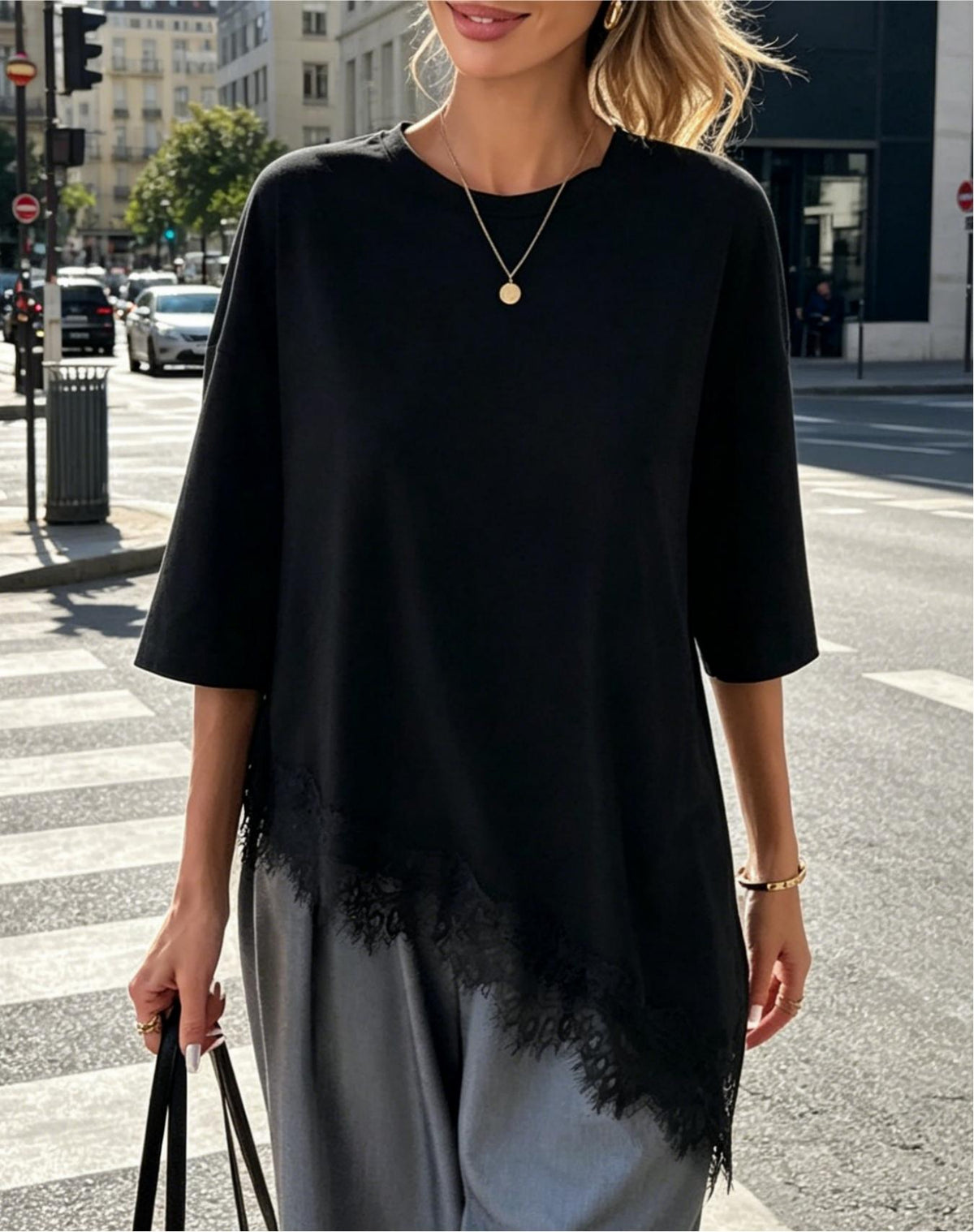 Eyelash Lace Hem Oversized Half Sleeve Tee - Black - 1