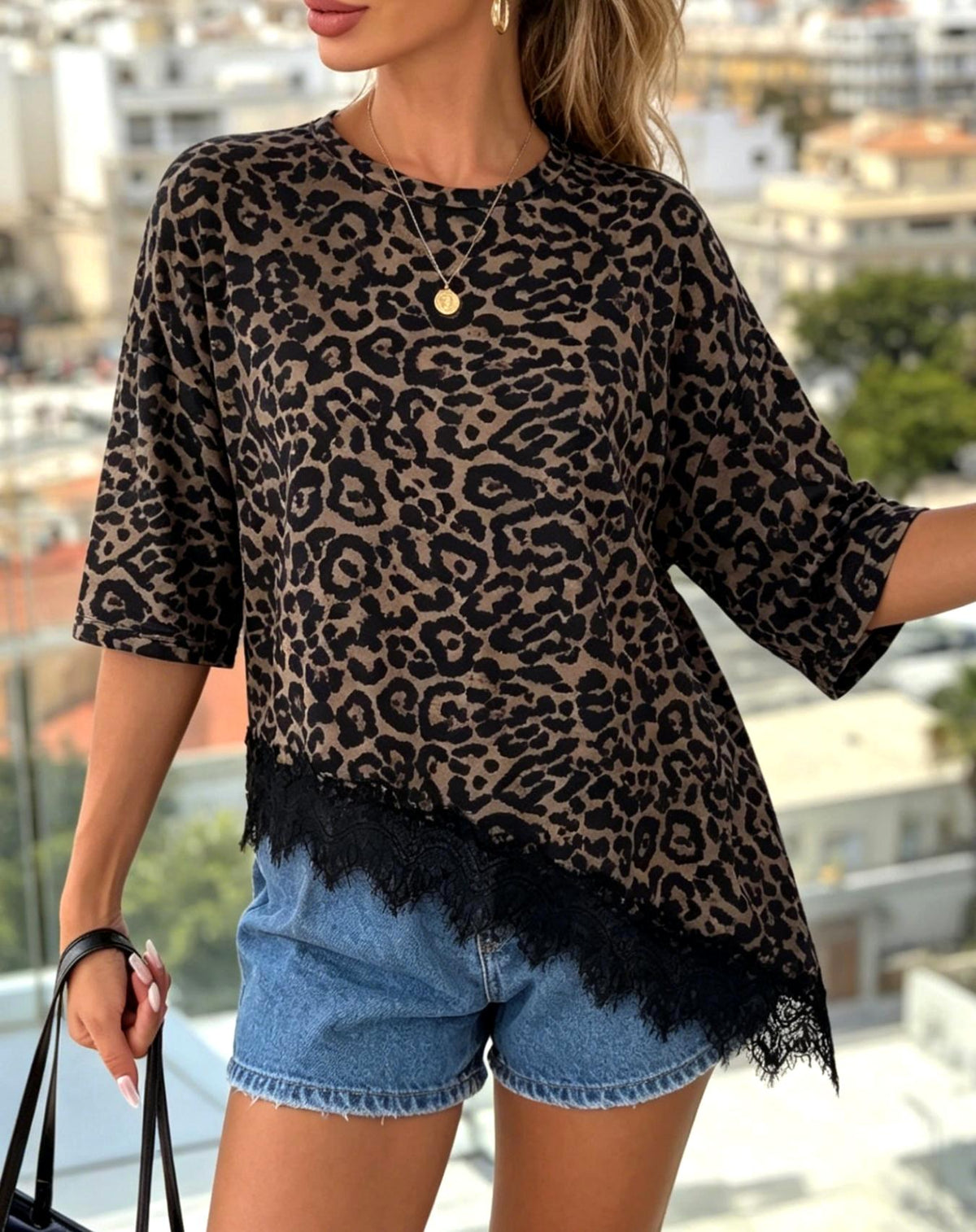 Eyelash Lace Hem Oversized Half Sleeve Tee - Leopard