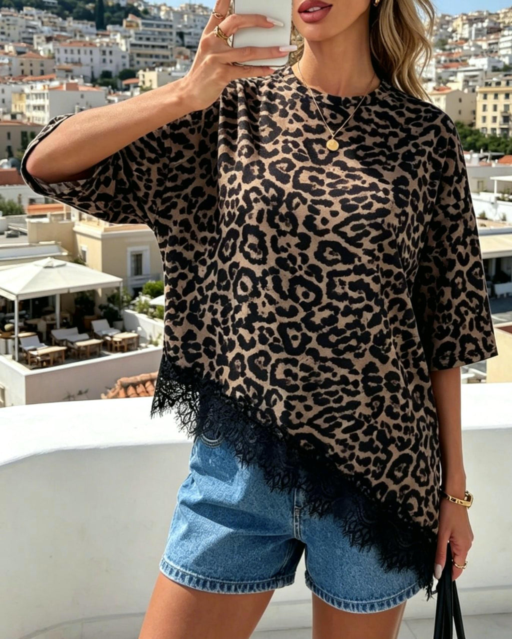 Eyelash Lace Hem Oversized Half Sleeve Tee - Leopard - 1
