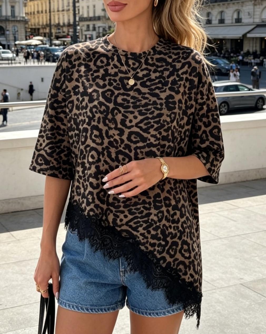 Eyelash Lace Hem Oversized Half Sleeve Tee - Leopard - 2
