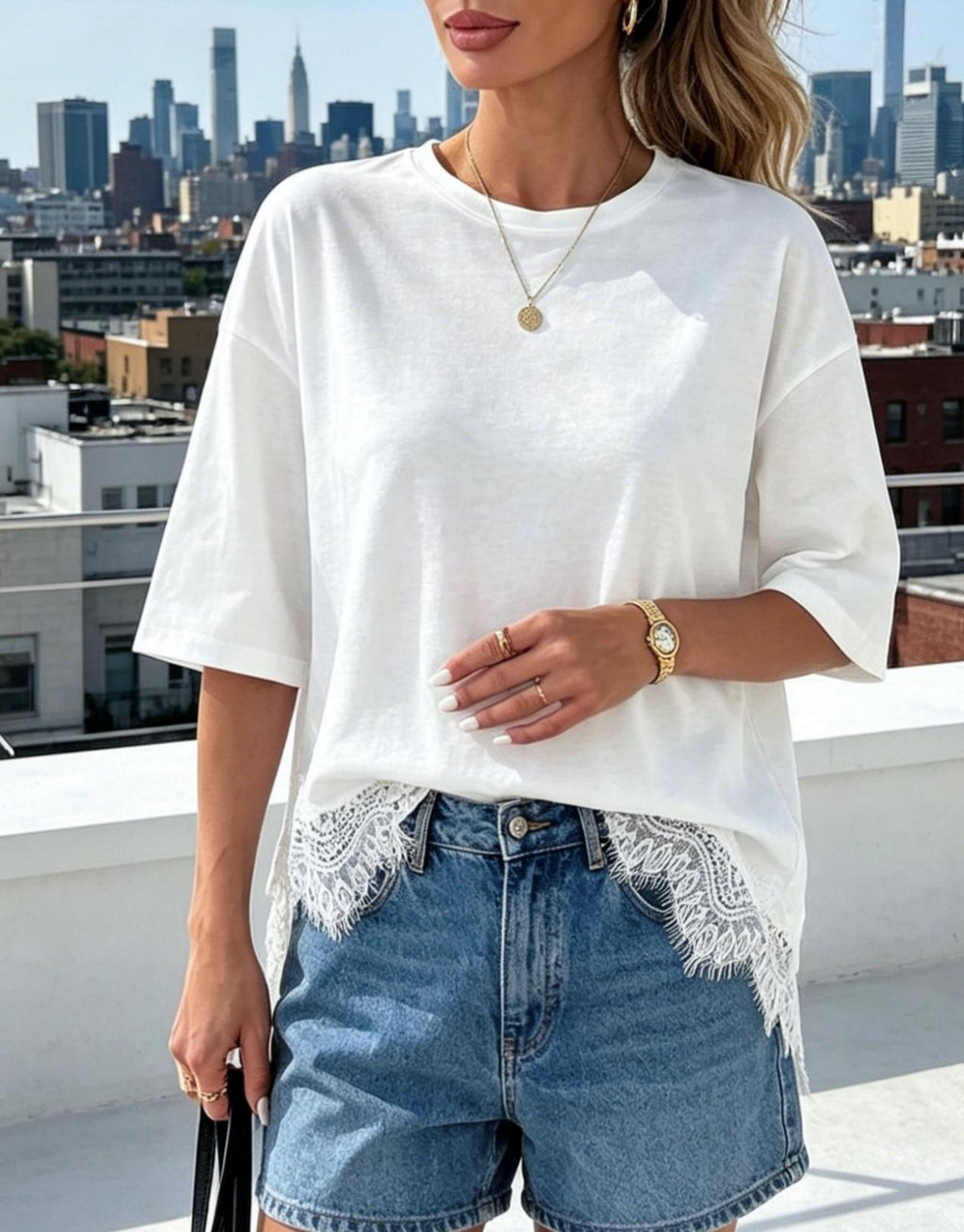 Eyelash Lace Hem Oversized Half Sleeve Tee - White - 2
