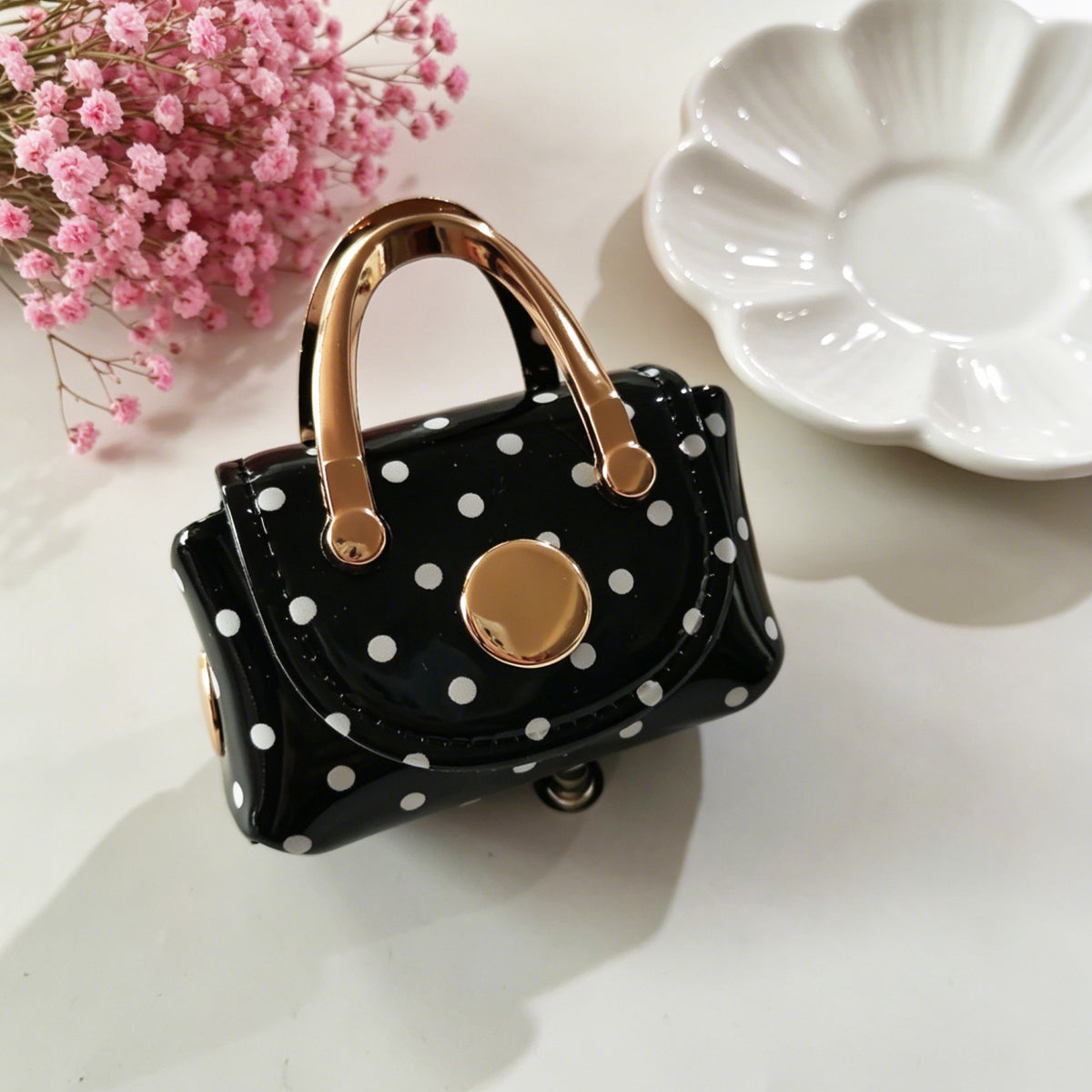 Miniature Dotted Top Handle Purse Bag Charm - Black