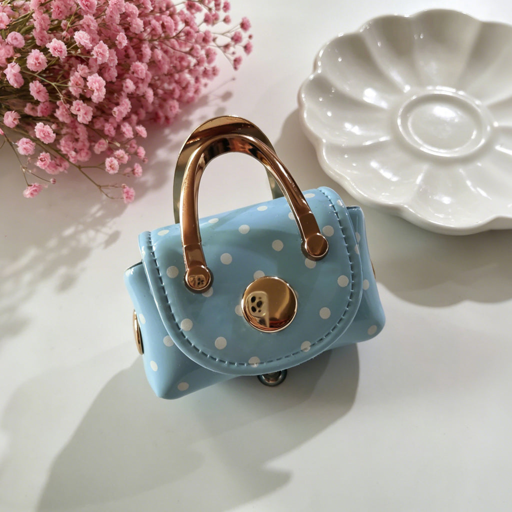 Miniature Dotted Top Handle Purse Bag Charm - Blue