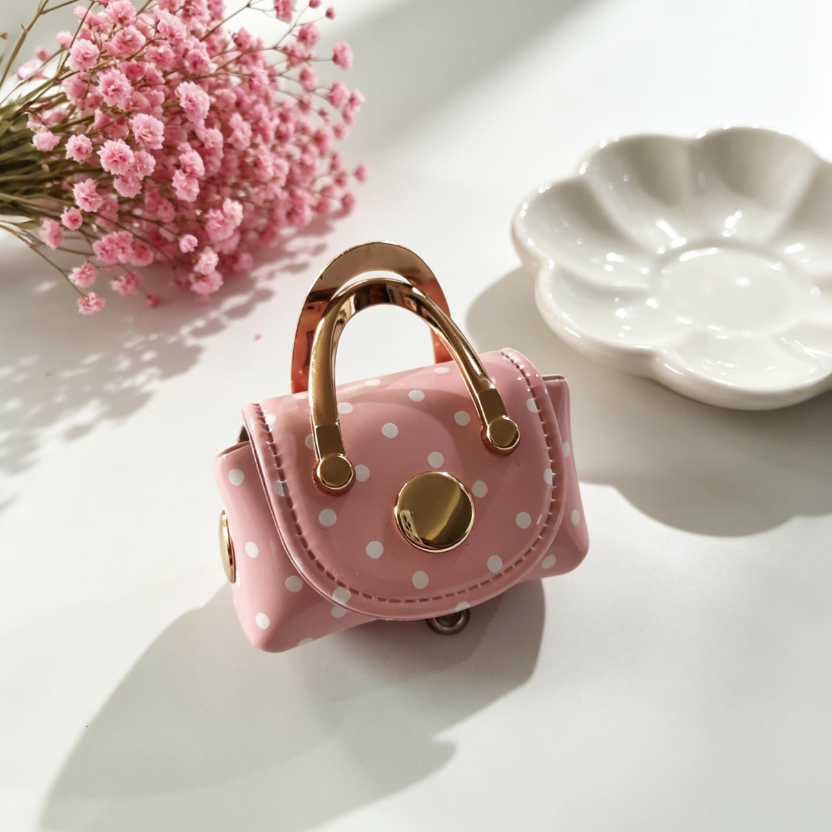 Miniature Dotted Top Handle Purse Bag Charm - Pink