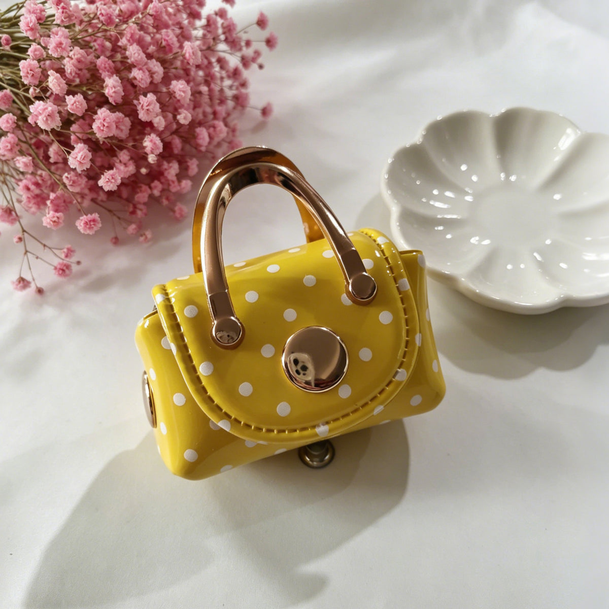 Miniature Dotted Top Handle Purse Bag Charm - Yellow