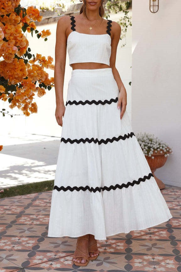 Ric Rac Trim Cami and Tiered Maxi Skirt Set - White - 7