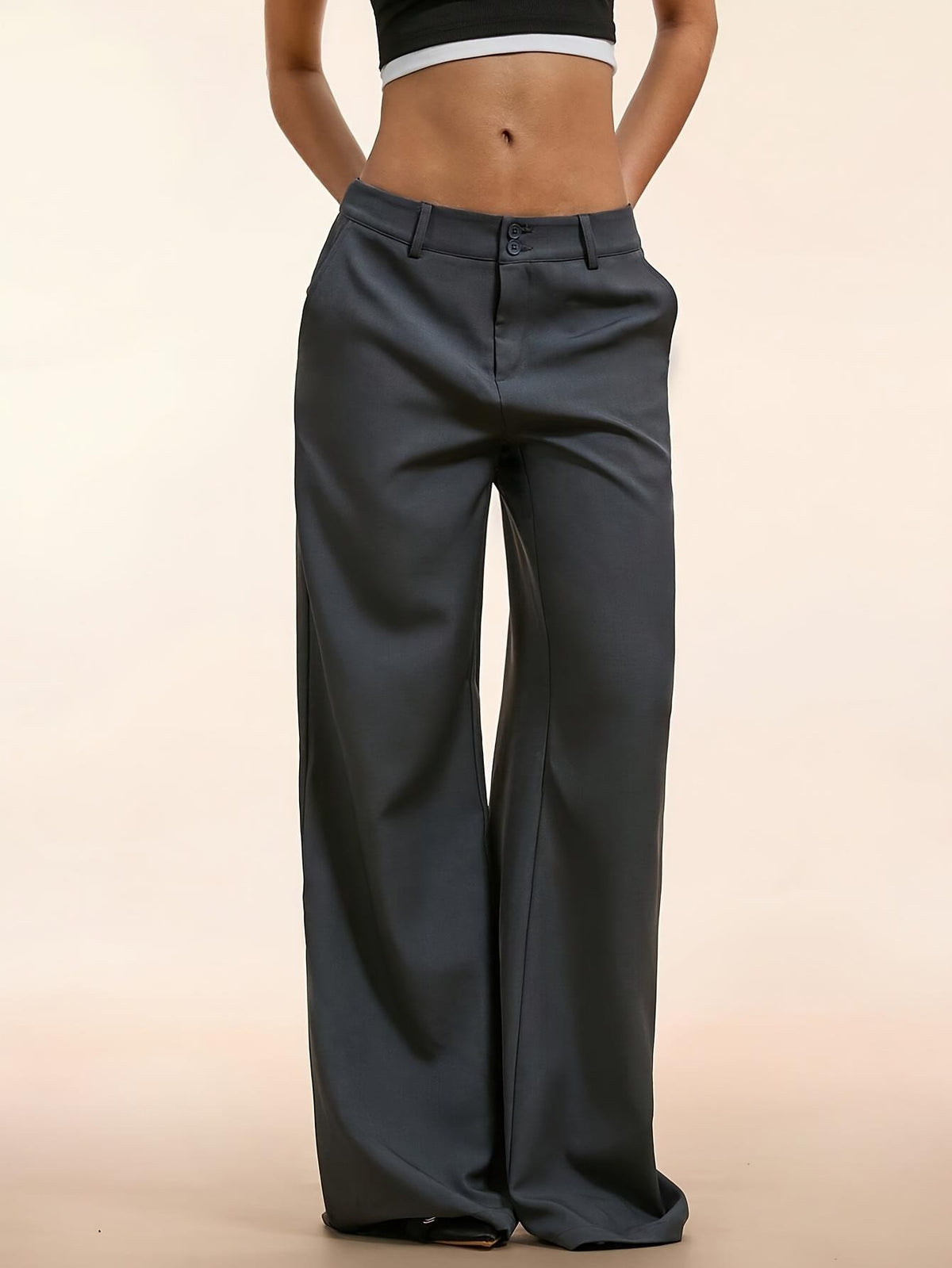 Tailored Low Rise Double Button Wide Leg Trousers - Grey