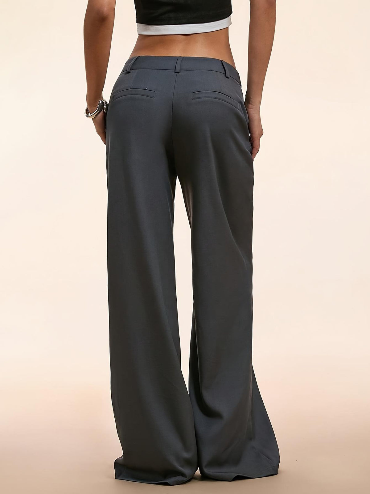 Tailored Low Rise Double Button Wide Leg Trousers - Grey - 2