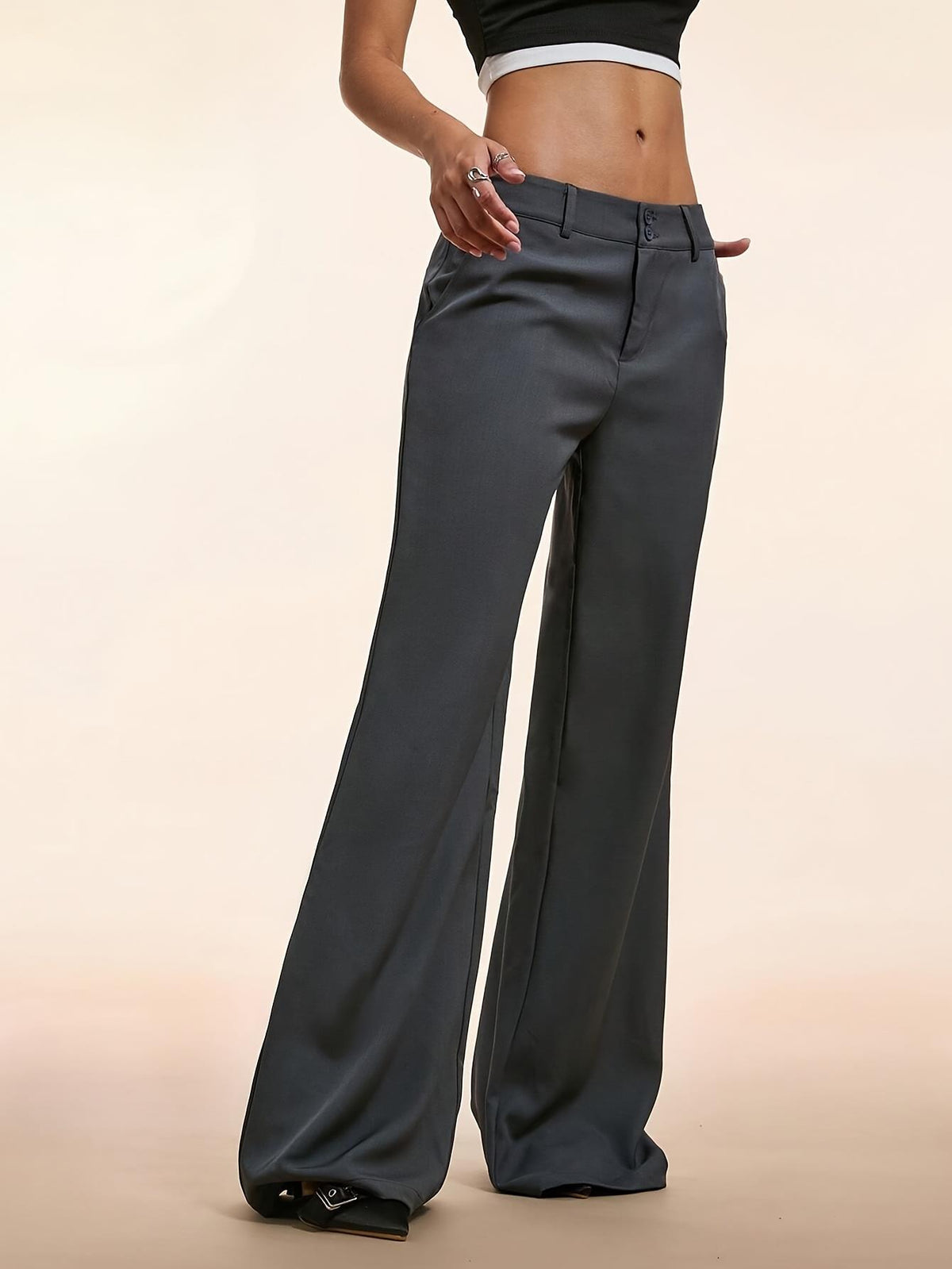 Tailored Low Rise Double Button Wide Leg Trousers - Grey - 3